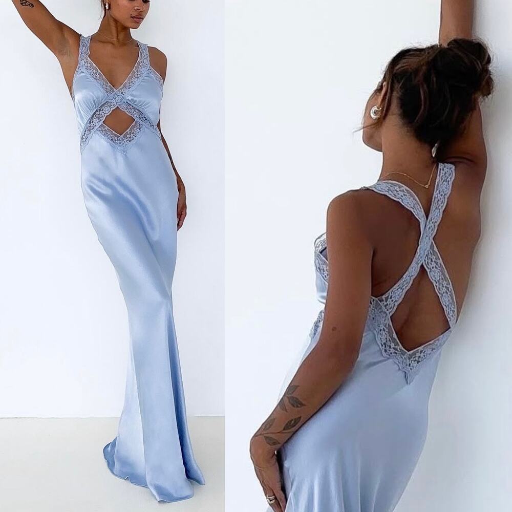 Feminine Romcom Satin V-Neck Babydoll Lace Trim Maxi Slip Dress Ice Blue L NWT
